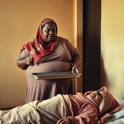 A very fat, dark-skinned woman wearing a colorful hijab and loose-fitting clothing stands in a room, holding a large empty tray