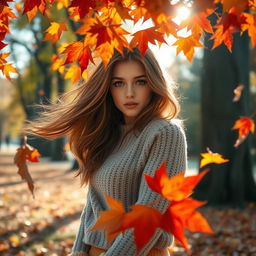 A breathtakingly beautiful girl with flowing hair and captivating eyes, surrounded by a cascade of vibrant autumn leaves in hues of red, orange, and yellow