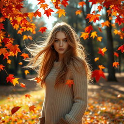 A breathtakingly beautiful girl with flowing hair and captivating eyes, surrounded by a cascade of vibrant autumn leaves in hues of red, orange, and yellow