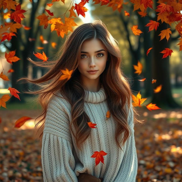 A breathtakingly beautiful girl with flowing hair and captivating eyes, surrounded by a cascade of vibrant autumn leaves in hues of red, orange, and yellow