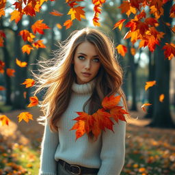 A breathtakingly beautiful girl with flowing hair and captivating eyes, surrounded by a cascade of vibrant autumn leaves in hues of red, orange, and yellow