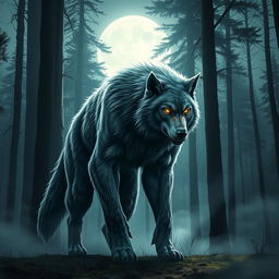 A fierce and powerful werewolf standing in a moonlit forest, its fur glowing in the silver light