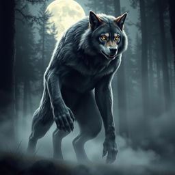 A fierce and powerful werewolf standing in a moonlit forest, its fur glowing in the silver light