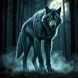 A fierce and powerful werewolf standing in a moonlit forest, its fur glowing in the silver light