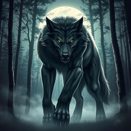 A fierce and powerful werewolf standing in a moonlit forest, its fur glowing in the silver light