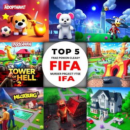 A visually dynamic collage of the top 5 Roblox games that could surpass FIFA in popularity