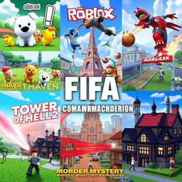 A visually dynamic collage of the top 5 Roblox games that could surpass FIFA in popularity