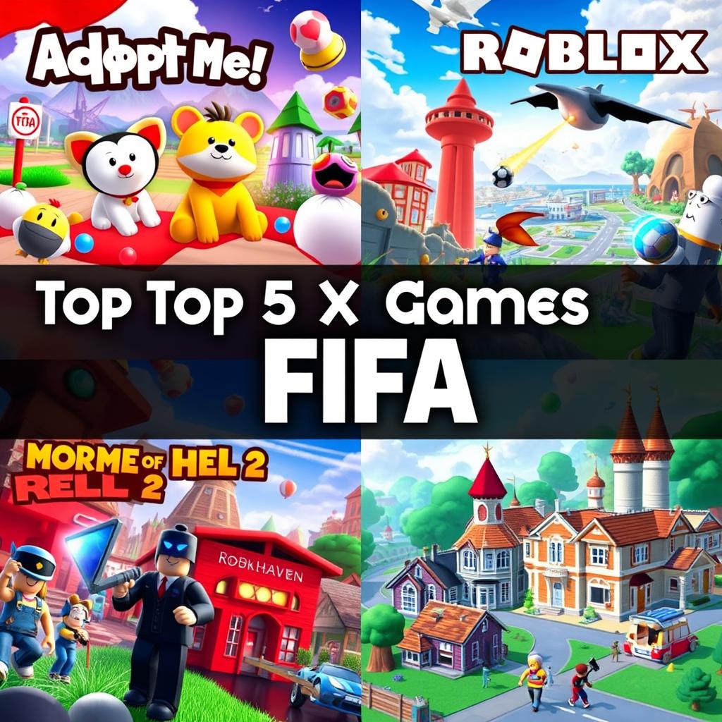 A visually dynamic collage of the top 5 Roblox games that could surpass FIFA in popularity