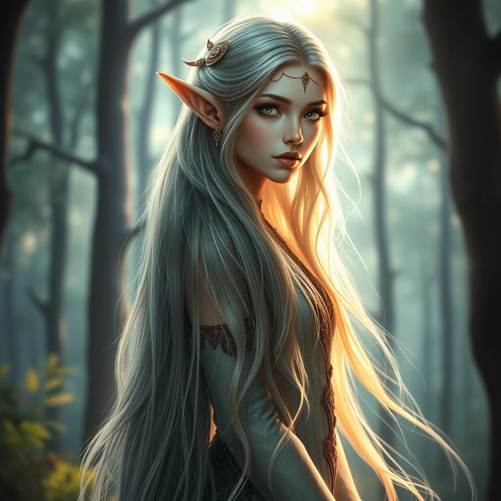 a stunning full-body portrait of an elf with long, flowing hair