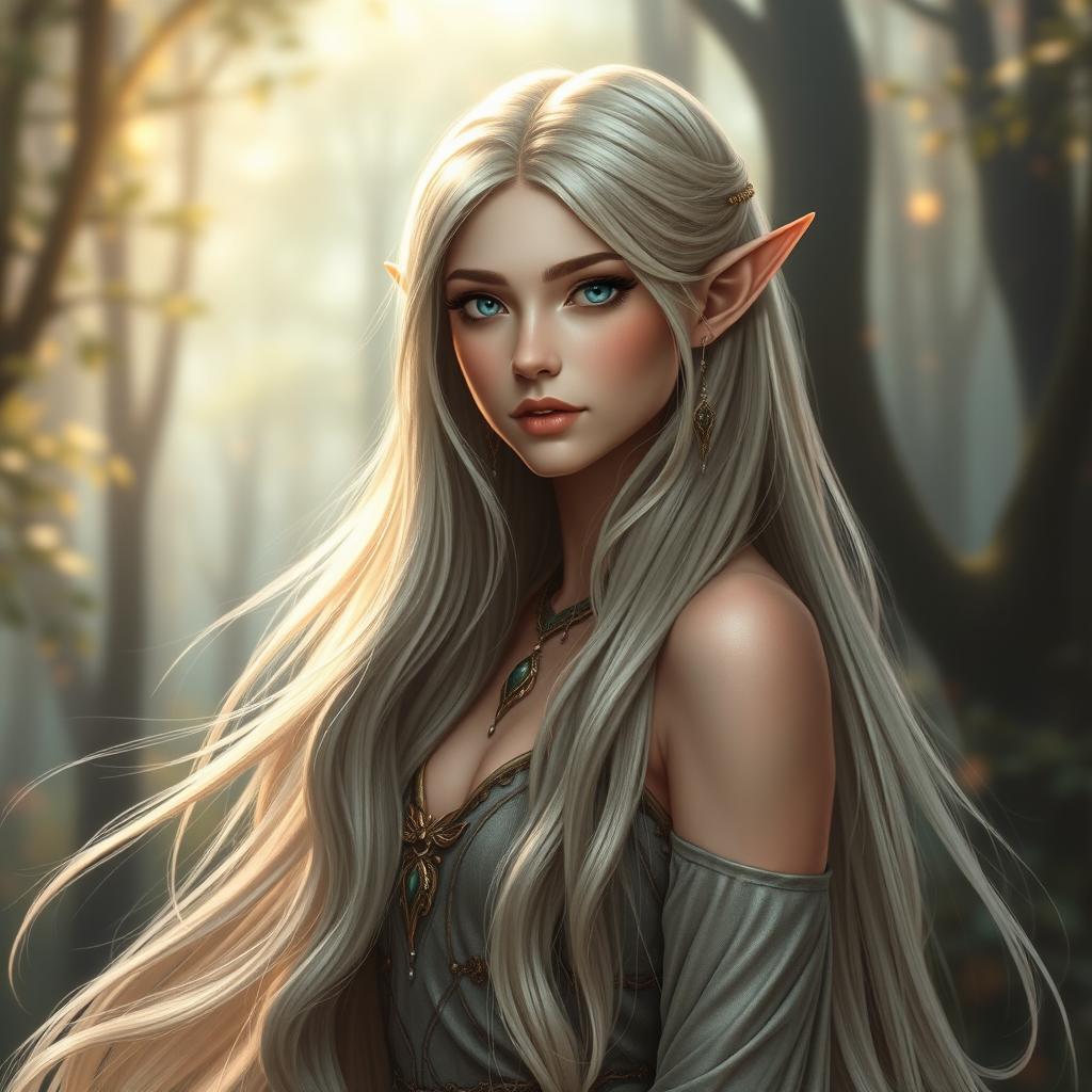 a stunning full-body portrait of an elf with long, flowing hair