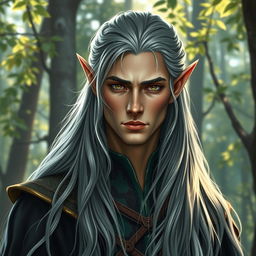 a compelling full-body portrait of a male elf with long, majestic hair