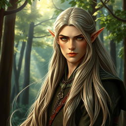 a compelling full-body portrait of a male elf with long, majestic hair