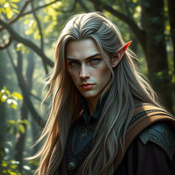 a compelling full-body portrait of a male elf with long, majestic hair