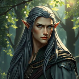 a compelling full-body portrait of a male elf with long, majestic hair