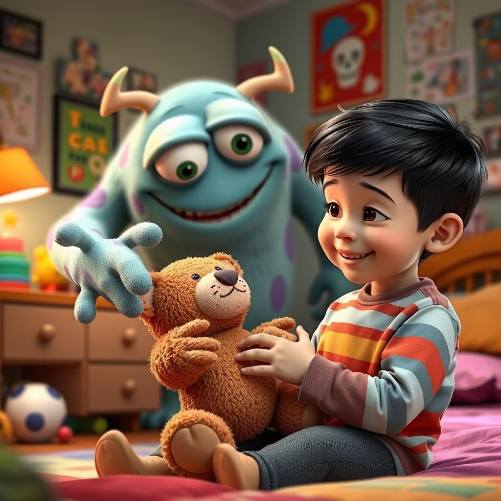 A heartwarming Disney Pixar style scene featuring a young child in their vibrant bedroom holding a beloved teddy bear close