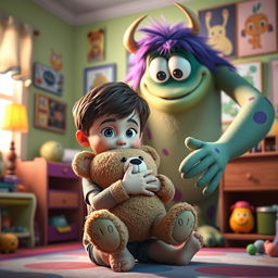 A heartwarming Disney Pixar style scene featuring a young child in their vibrant bedroom holding a beloved teddy bear close