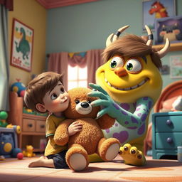 A heartwarming Disney Pixar style scene featuring a young child in their vibrant bedroom holding a beloved teddy bear close