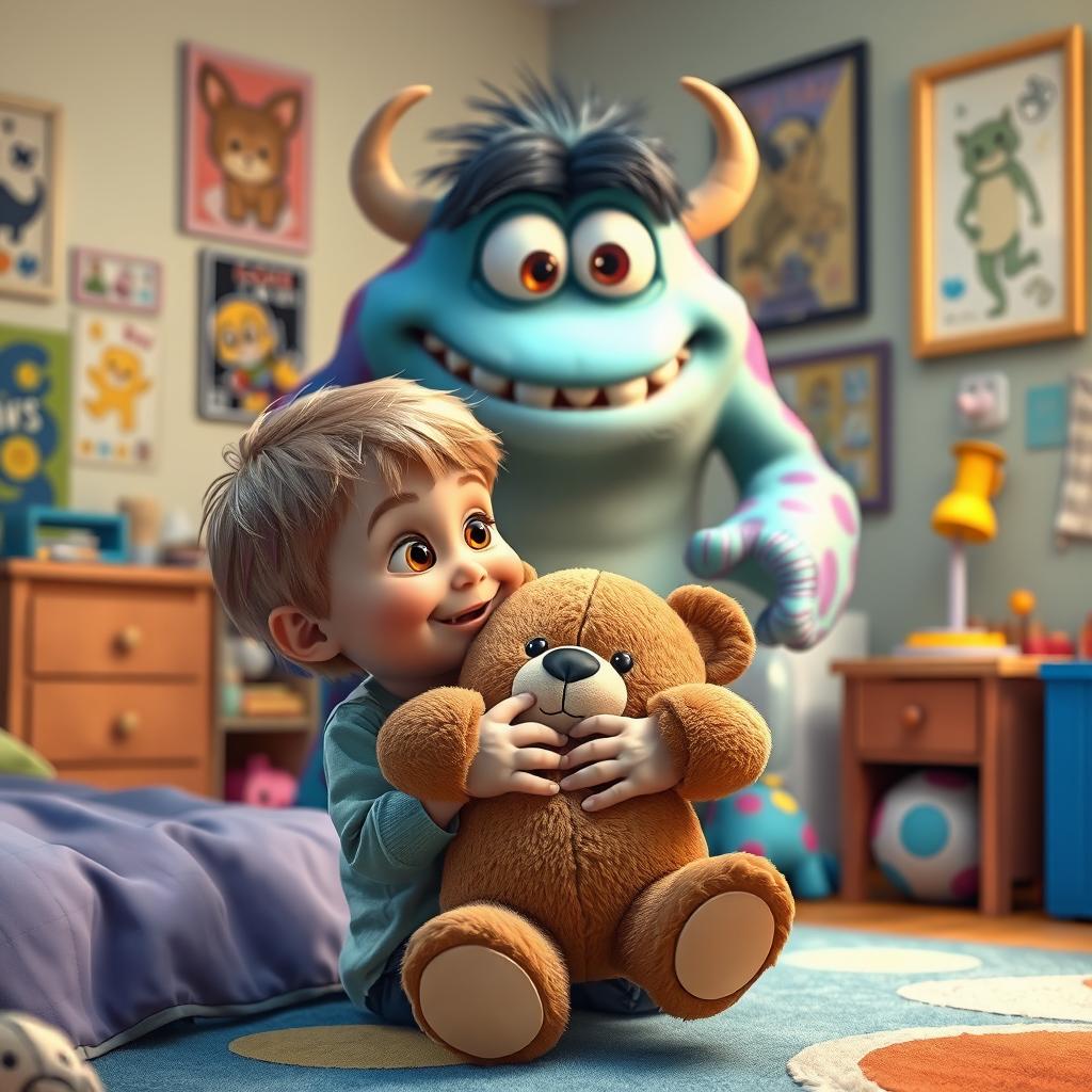 A heartwarming Disney Pixar style scene featuring a young child in their vibrant bedroom holding a beloved teddy bear close