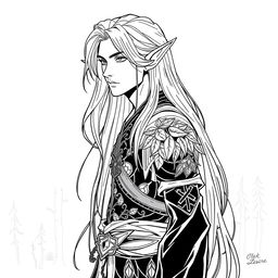 a detailed line art illustration of a male elf with long, flowing hair