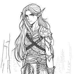 a detailed line art illustration of a male elf with long, flowing hair