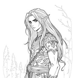 a detailed line art illustration of a male elf with long, flowing hair