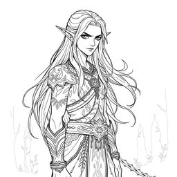 a detailed line art illustration of a male elf with long, flowing hair