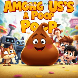 A comedic and whimsical movie poster for a fictional Disney Pixar film titled "Among Us is a Poop