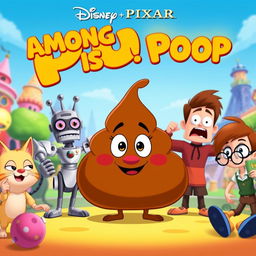 A comedic and whimsical movie poster for a fictional Disney Pixar film titled "Among Us is a Poop