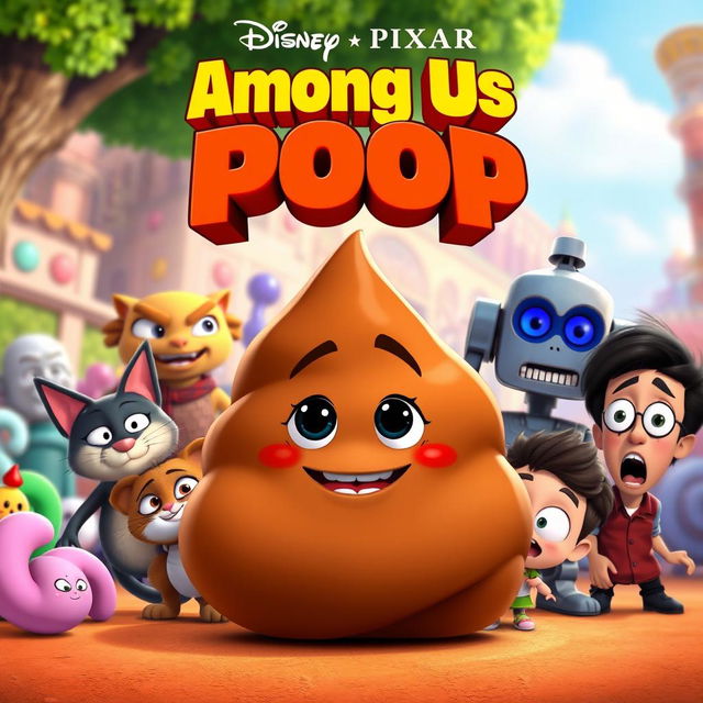 A comedic and whimsical movie poster for a fictional Disney Pixar film titled "Among Us is a Poop