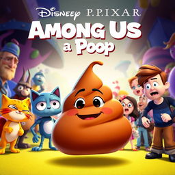 A comedic and whimsical movie poster for a fictional Disney Pixar film titled "Among Us is a Poop