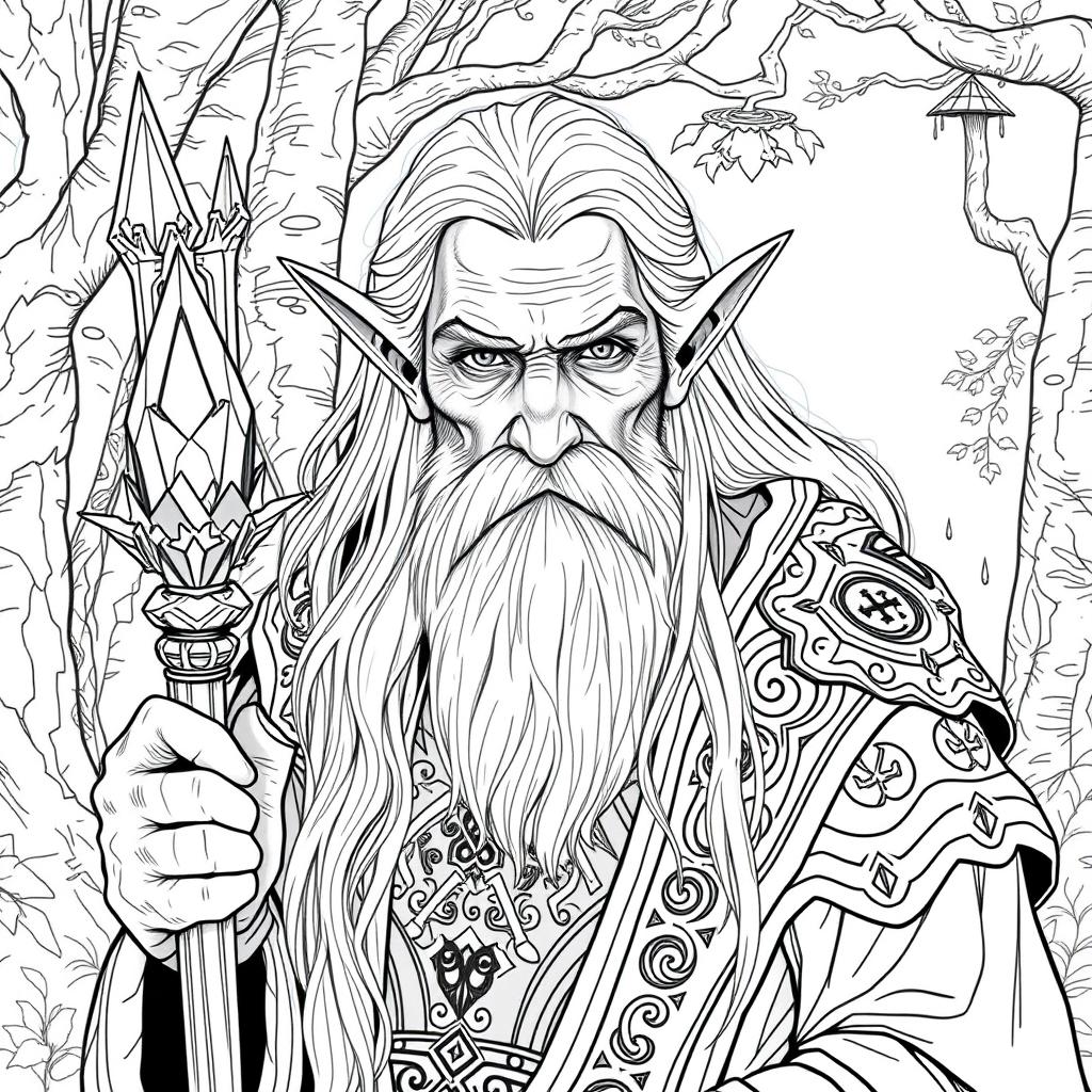 An elderly elven sorcerer, depicted in detailed line art