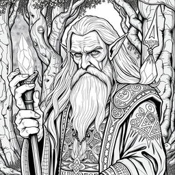 An elderly elven sorcerer, depicted in detailed line art