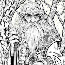 An elderly elven sorcerer, depicted in detailed line art