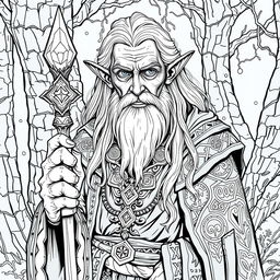 An elderly elven sorcerer, depicted in detailed line art