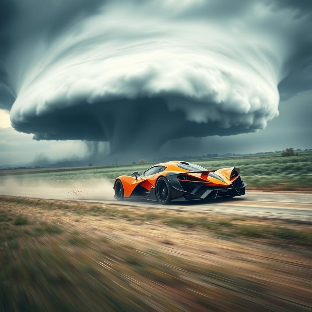 Hennessey Venom F5 chasing a massive tornado across a rural landscape, showcasing speed and power