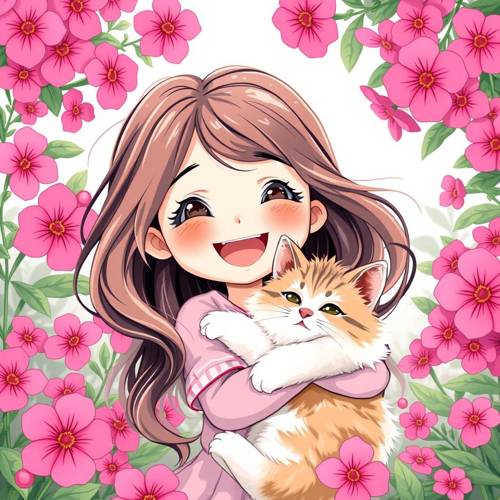 A cute and cheerful girl with a wide joyful smile, holding a chic fluffy cat, surrounded by an abundance of vibrant bright pink flowers