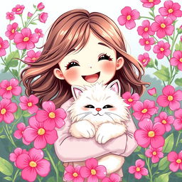 A cute and cheerful girl with a wide joyful smile, holding a chic fluffy cat, surrounded by an abundance of vibrant bright pink flowers