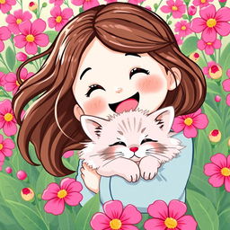 A cute and cheerful girl with a wide joyful smile, holding a chic fluffy cat, surrounded by an abundance of vibrant bright pink flowers