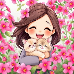 A cute and cheerful girl with a wide joyful smile, holding a chic fluffy cat, surrounded by an abundance of vibrant bright pink flowers