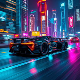 Futuristic hypercar speeding through a neon-lit cityscape at night