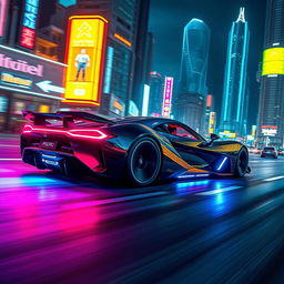 Futuristic hypercar speeding through a neon-lit cityscape at night