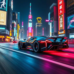 Futuristic hypercar speeding through a neon-lit cityscape at night