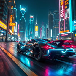 Futuristic hypercar speeding through a neon-lit cityscape at night