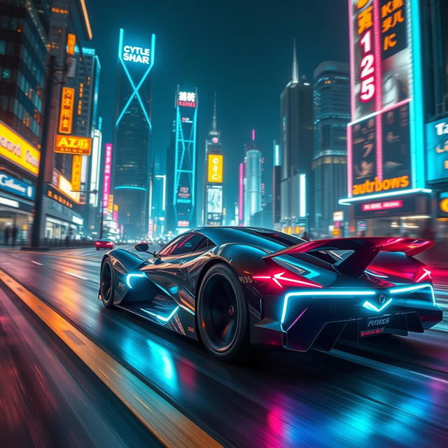 Futuristic hypercar speeding through a neon-lit cityscape at night