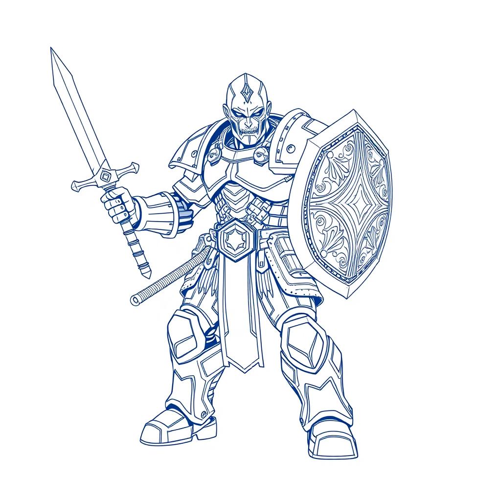 Line art of a warforged warrior with a human-like appearance, wielding a detailed sword and shield on a plain white background