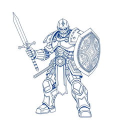 Line art of a warforged warrior with a human-like appearance, wielding a detailed sword and shield on a plain white background