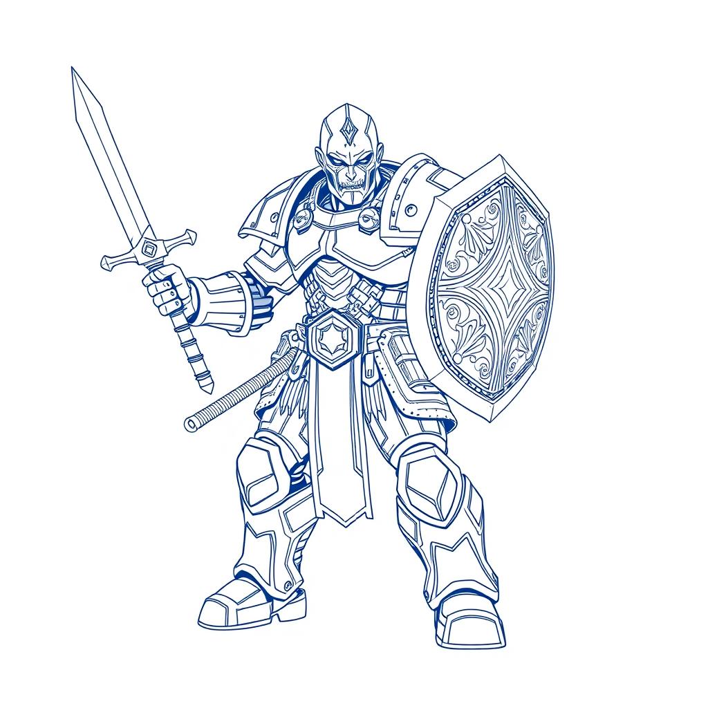 Line art of a warforged warrior with a human-like appearance, wielding a detailed sword and shield on a plain white background