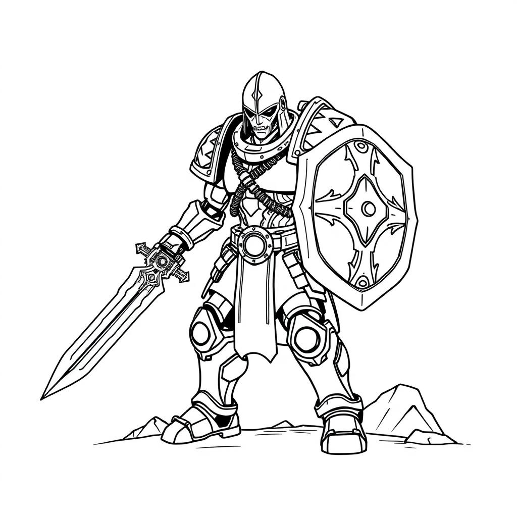 Line art of a warforged warrior with a human-like appearance, wielding a detailed sword and shield on a plain white background