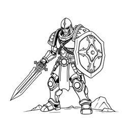 Line art of a warforged warrior with a human-like appearance, wielding a detailed sword and shield on a plain white background