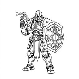 Line art of a warforged warrior with a human-like appearance, wielding a detailed sword and shield on a plain white background